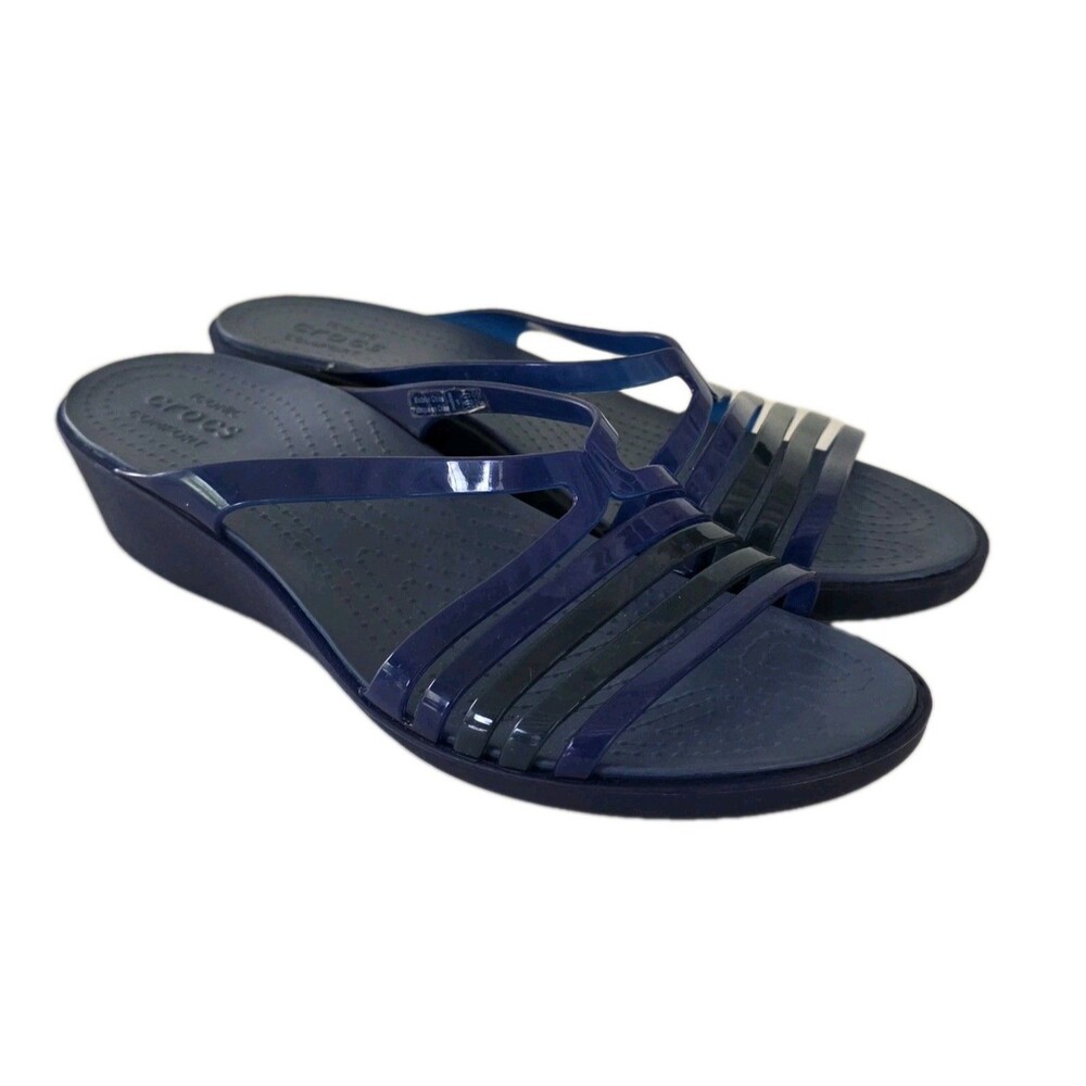 CROCS Isabella Mini Wedge Strappy Iconic Comfort Sandals Navy Blue Womens Size 9